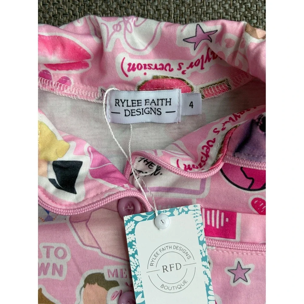 Rylee Faith Designs Kids Pink Swiftie Inspired Pajama Set‎ Size 4 NWT
